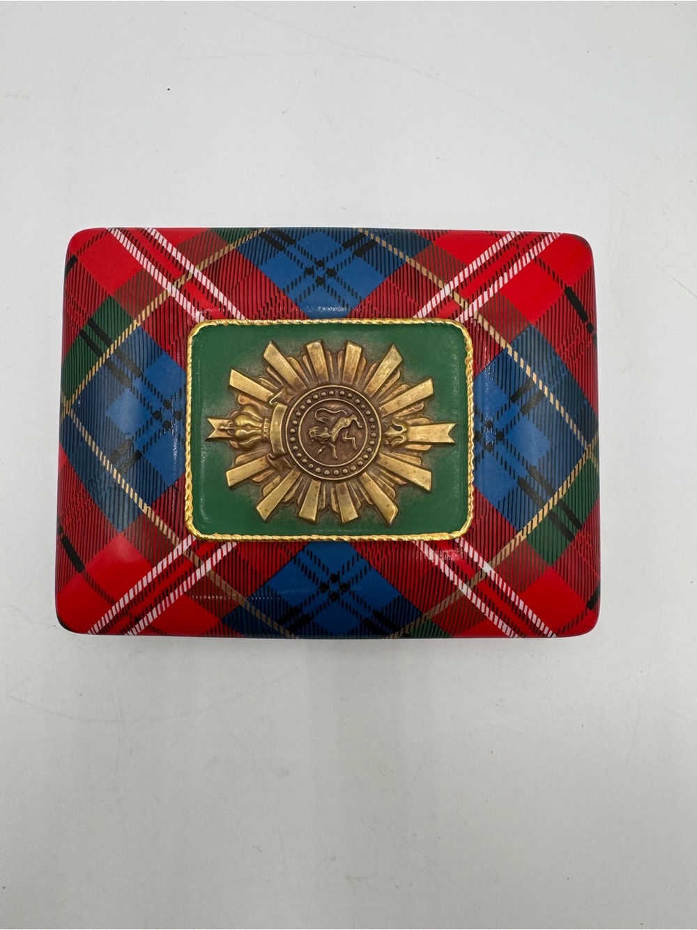 Vintage 1970 Neiman Marcus Tartan Plaid Playing Card Box Japan Lion Crest